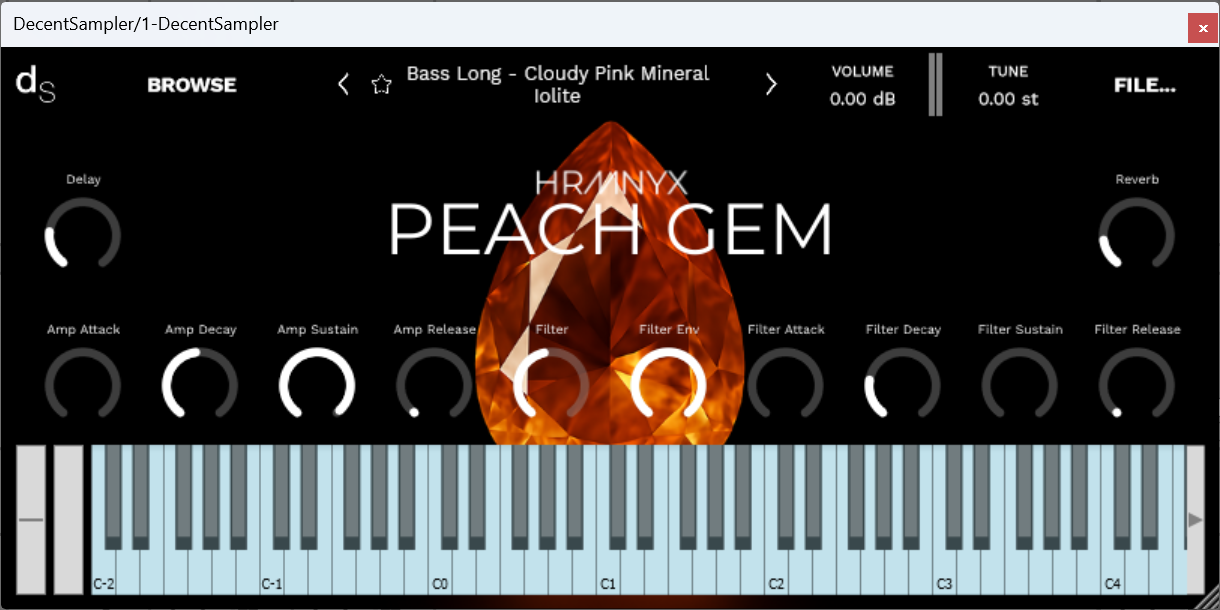 A screenshot of the Peach Gem Sample Library instrument interface in Decent Sampler.